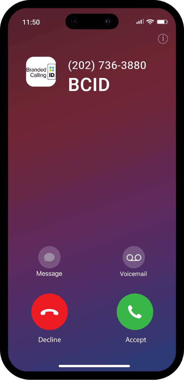 Branded Calling ID displayed on an iPhone showing the business logo, name, and phone number